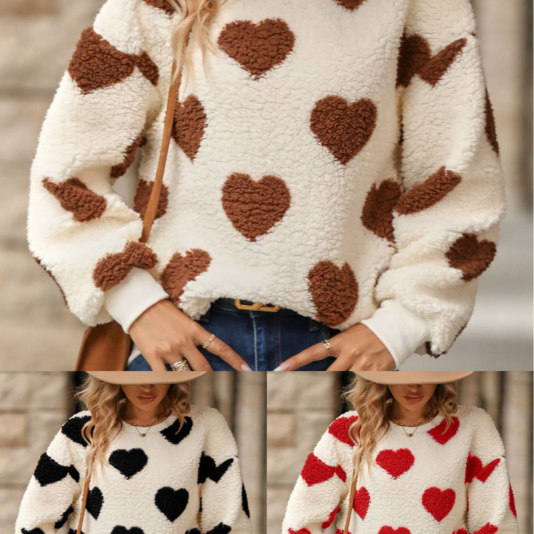 Be Mine Heart Printed Long Sleeve Crew Neck Pullover Sweater