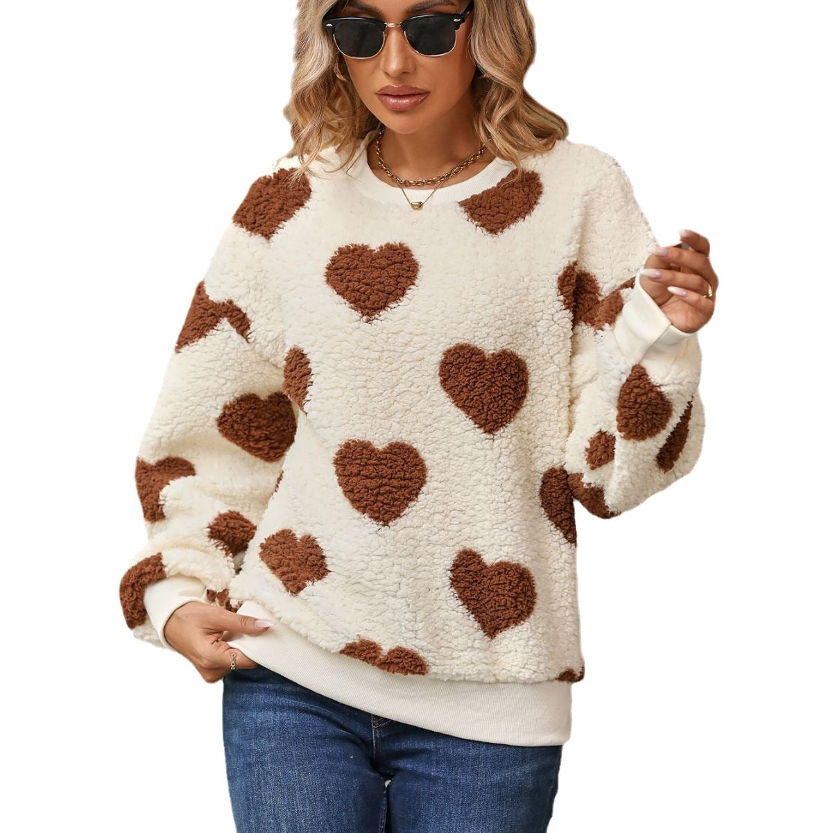 Be Mine Heart Printed Long Sleeve Crew Neck Pullover Sweater