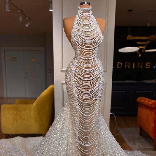 White Party High-waisted Fishtail Beaded Dress Wedding Dress