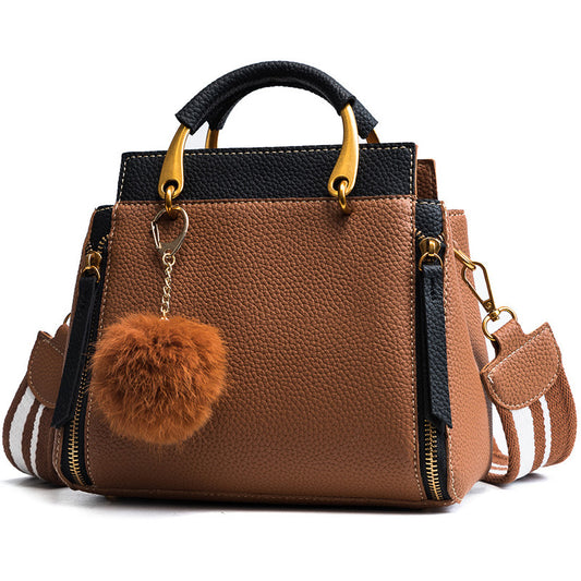 Leather Handbag Shoulder Bag with Gold Tone Bar Handle