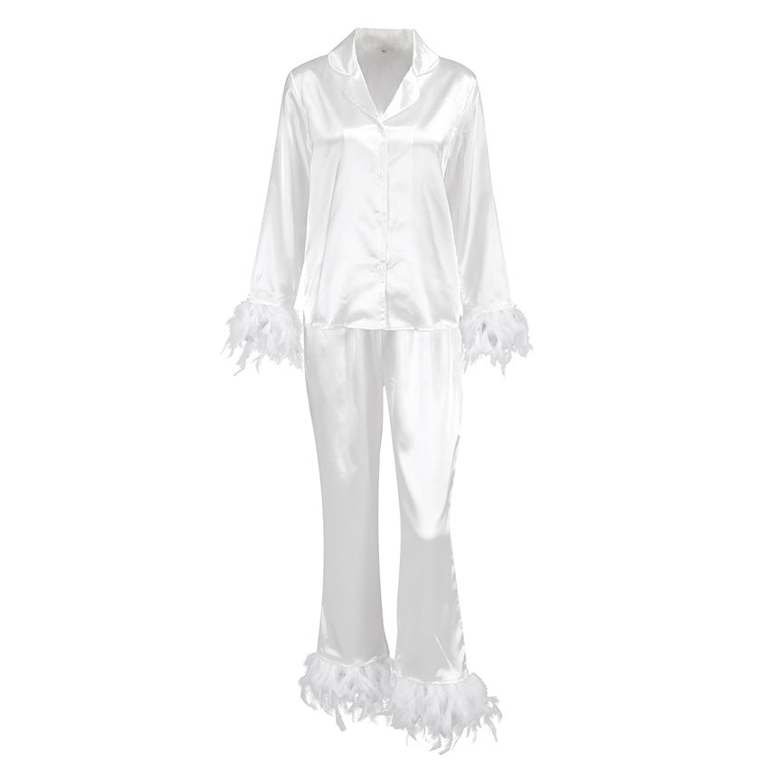 Silk Pajamas Fashion Ostrich Feather Two-piece Set