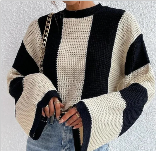 Striped Large Cuff Knitted Round Neck Sweater